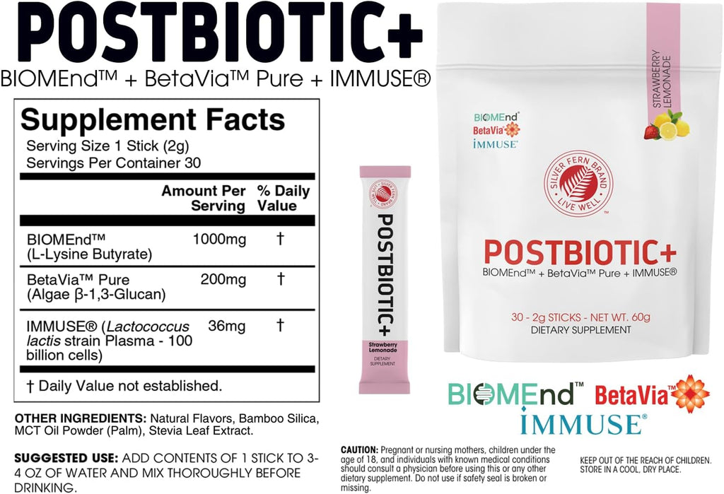 Silver Fern Brand Postbiotic+ Strawberry Lemonade Powder – 30 Stick Packs