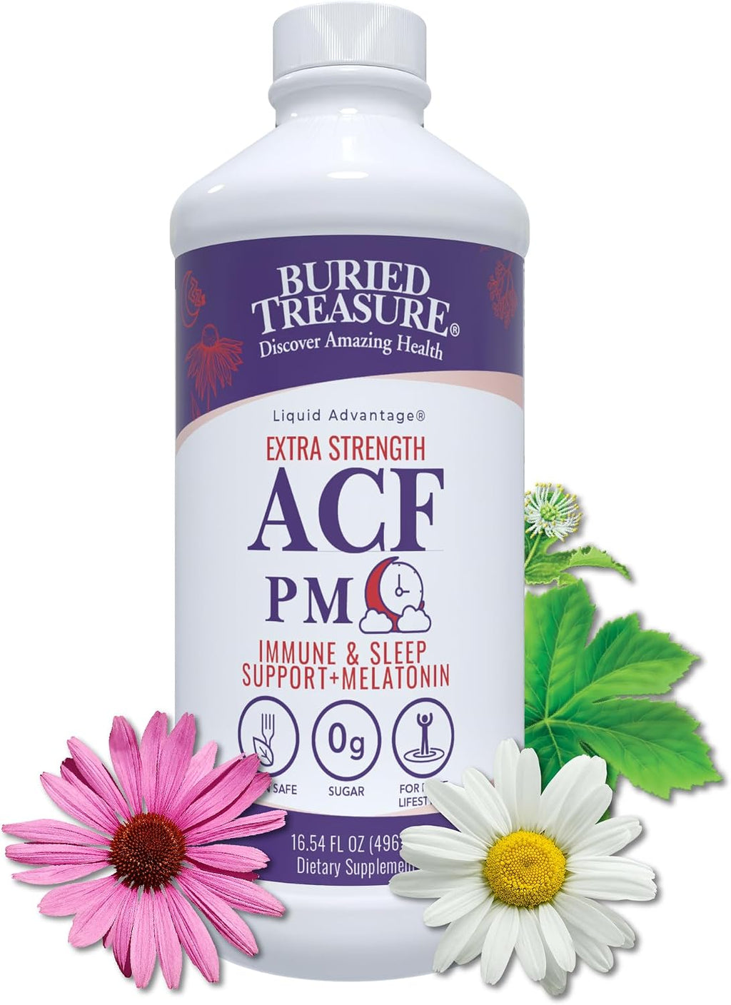 Buried Treasure ACF Extra Strength PM - Apoyo Inmunológico Nocturno con Melatonina, Vitamina C, Equinácea y Extractos Herbales, 473 ml