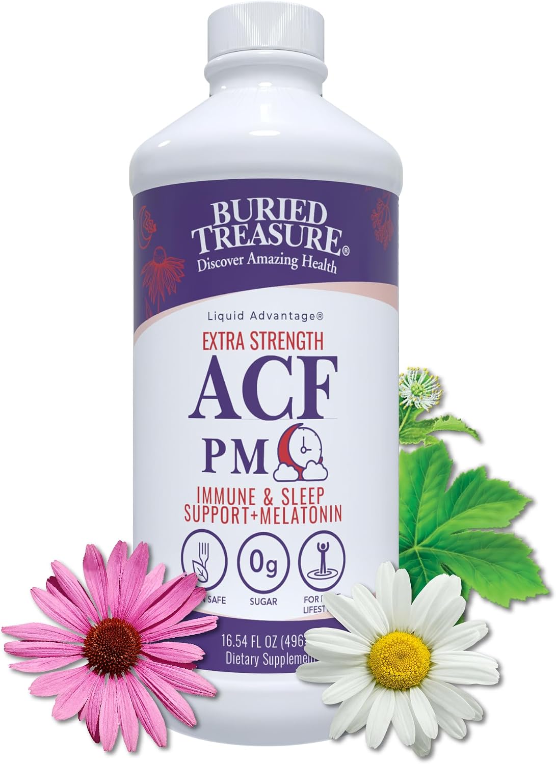 Buried Treasure ACF Extra Strength PM - Apoyo Inmunológico Nocturno con Melatonina, Vitamina C, Equinácea y Extractos Herbales, 473 ml