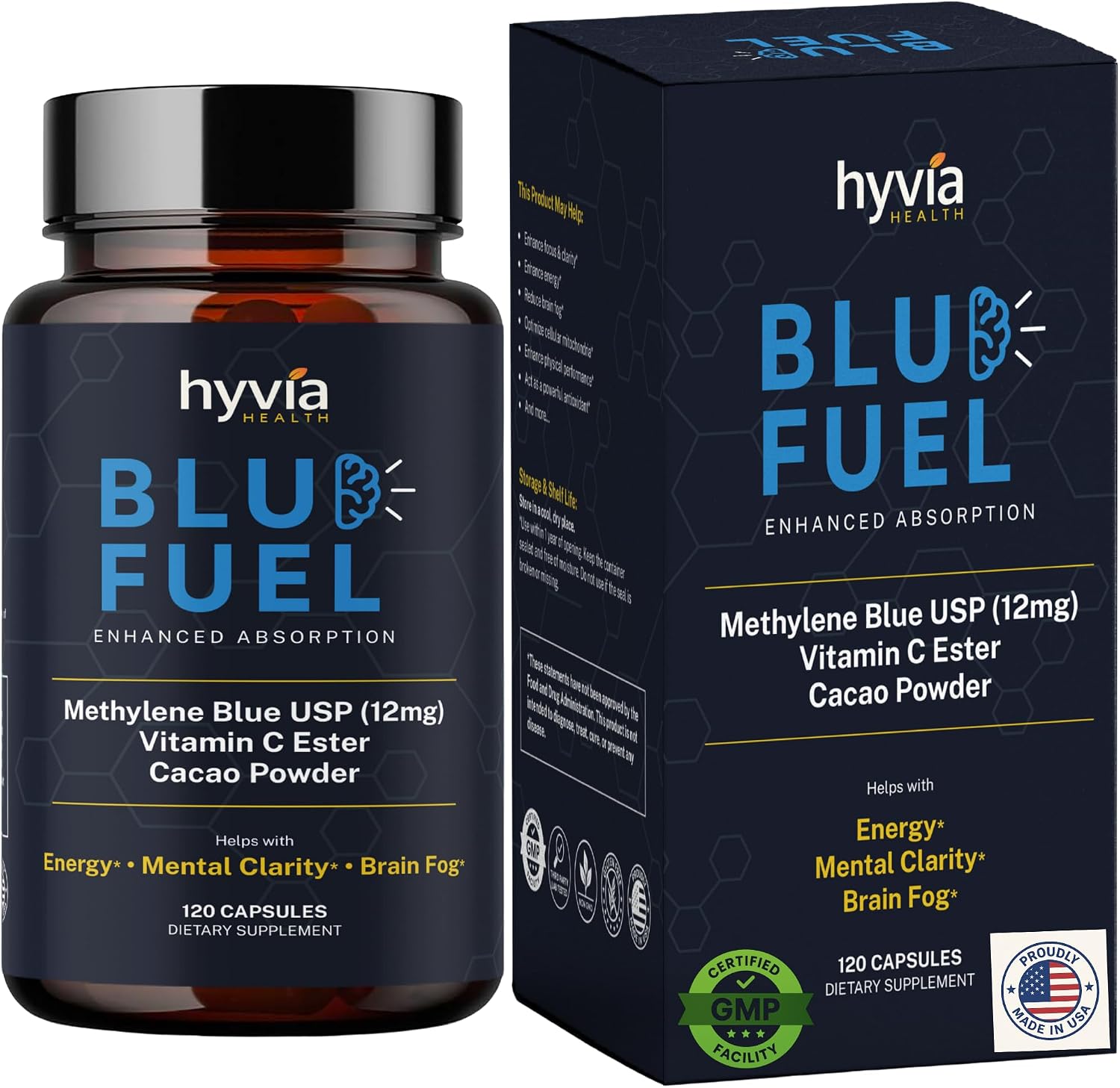 Cápsulas de Azul de Metileno USP Grado Farmacéutico con Vitamina C - 120 uds