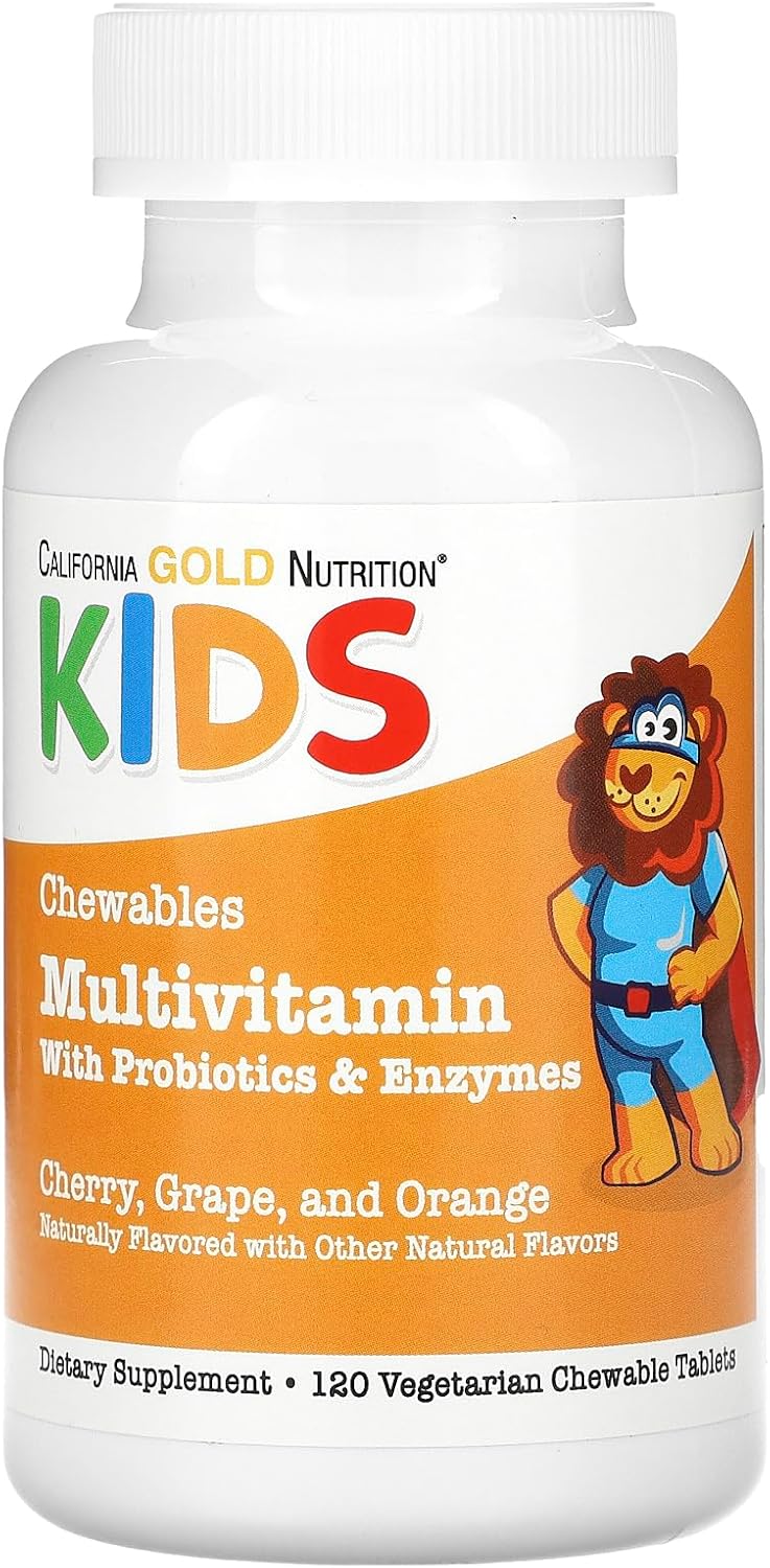 California Gold Nutrition Multivitamínico Masticable con Probióticos y Enzimas para Niños, Surtido de Frutas, 120 Comprimidos Vegetarianos