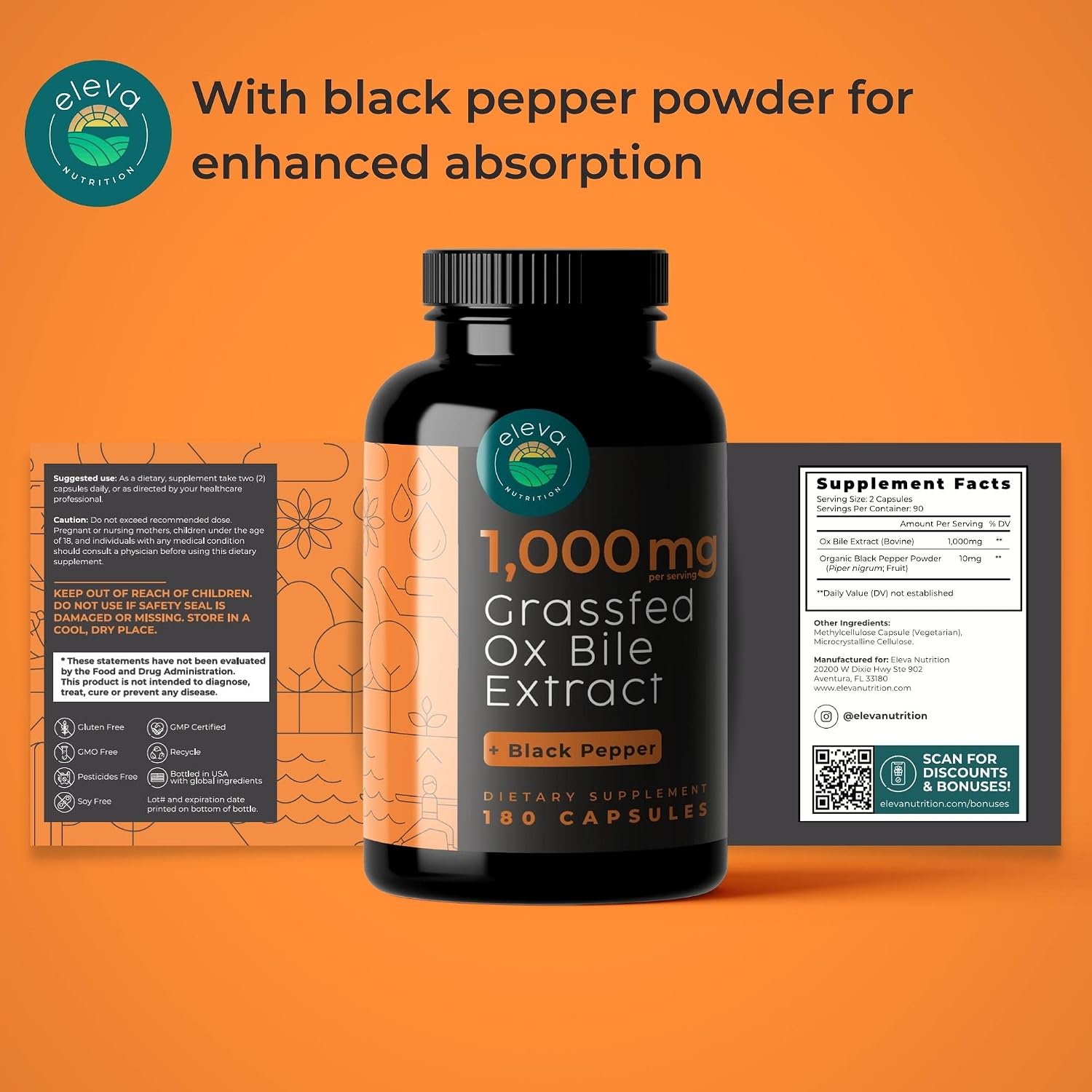 Eleva Nutrition Bilis de Buey 1000 mg – 180 Cápsulas – Apoyo Digestivo con Pimienta Negra