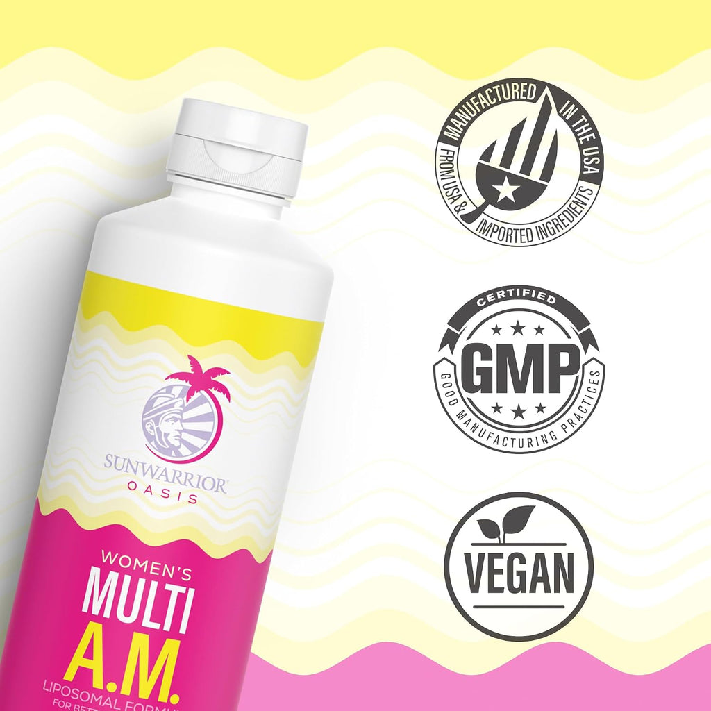 Sunwarrior Liquid Multivitamins for Women – Multivitamínico Líquido para Mujeres con Vitaminas B, D3, Lion's Mane y Ginseng, Sabor Melocotón Mango (30 Dosis)
