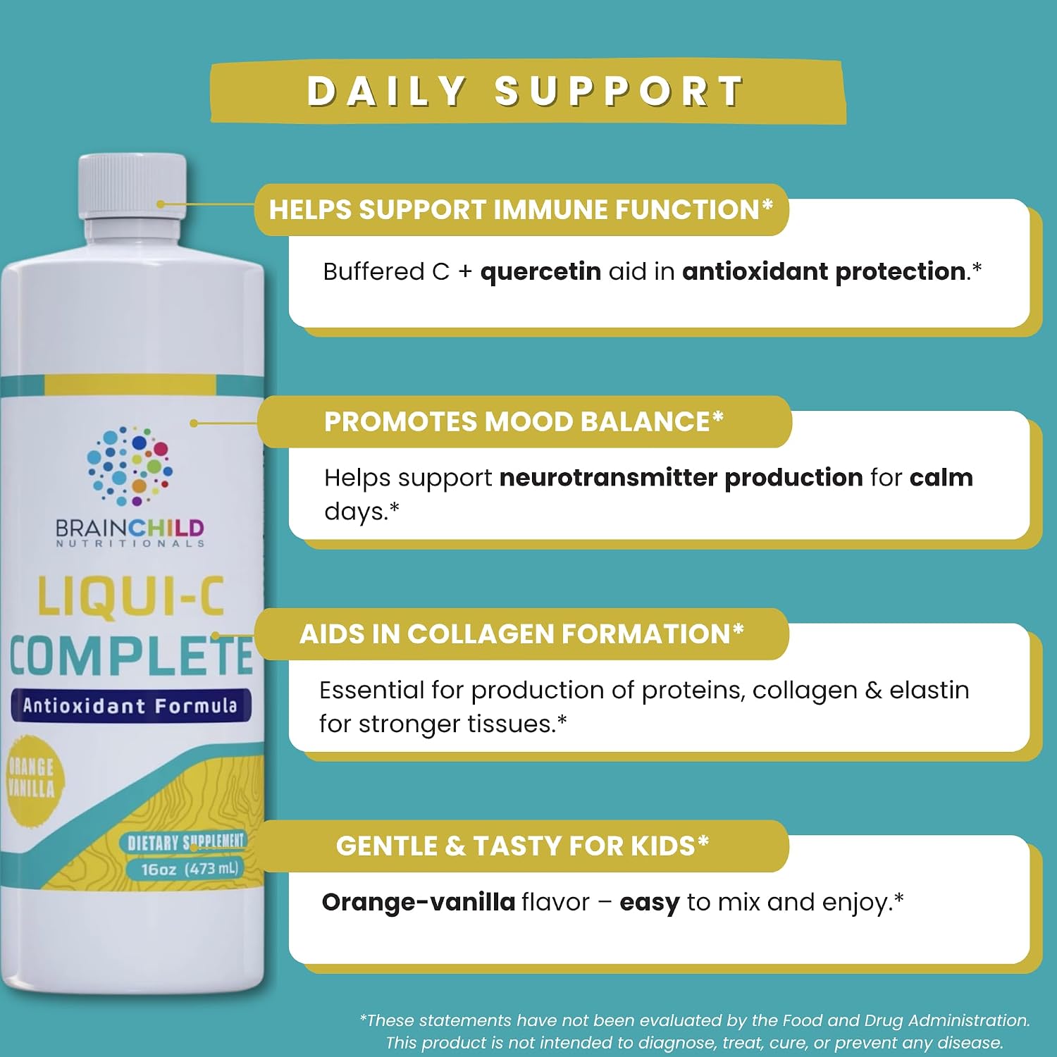 BrainChild Nutritionals Liqui-C Complete Liquid Vitamin C - Buffered Ascorbic Acid with Quercetin & Bioflavonoids for Immune Support - Gluten-Free, Orange-Vanilla Flavor - 473 ml
