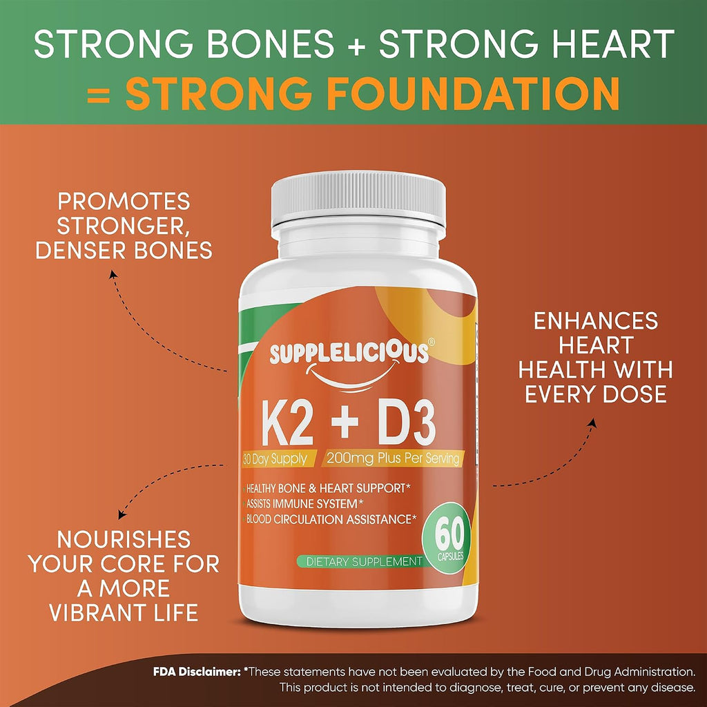 Supplelicious K2 + D3 con Calcio – 200mg por porción – 60 Cápsulas
