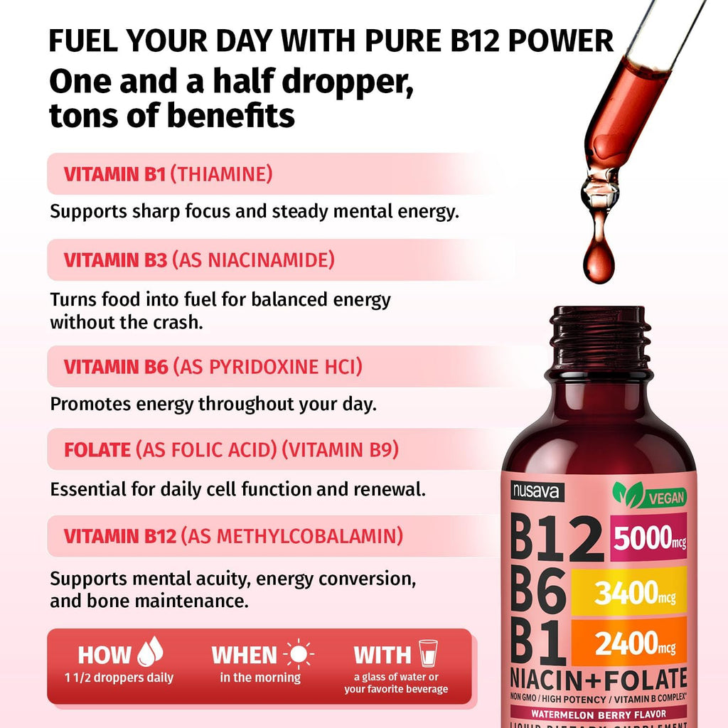 NUSAVA Gotas de Vitamina B12 Líquida 5000mcg - Complejo B con B6, B1, Niacina y Ácido Fólico - Metilcobalamina, Vegano, Sin Gluten, Sabor a Sandía y Bayas (2 Pack, 60 ml)
