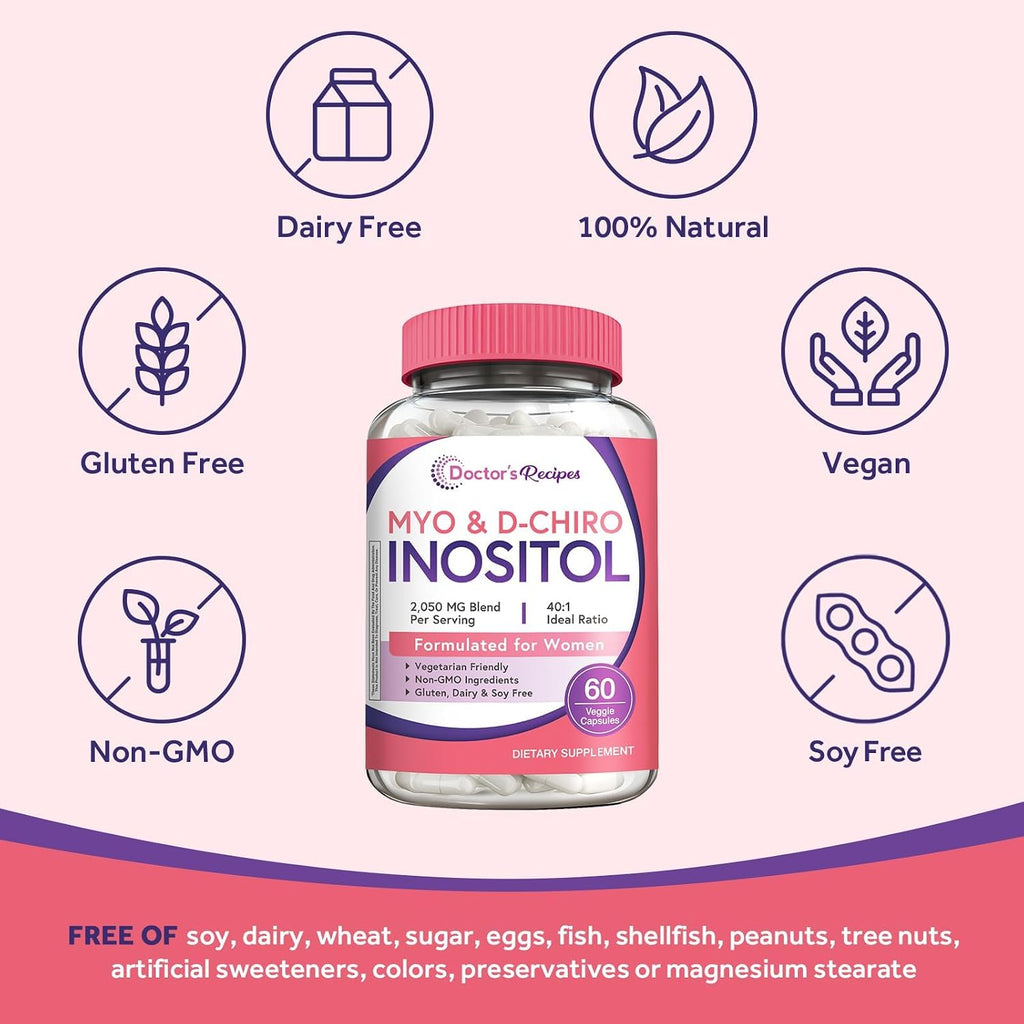 Doctor's Recipes Inositol para Mujeres, Myo-Inositol y D-Chiro Inositol 2050mg por Dosis, Mezcla 40:1, 60 Cápsulas Veganas