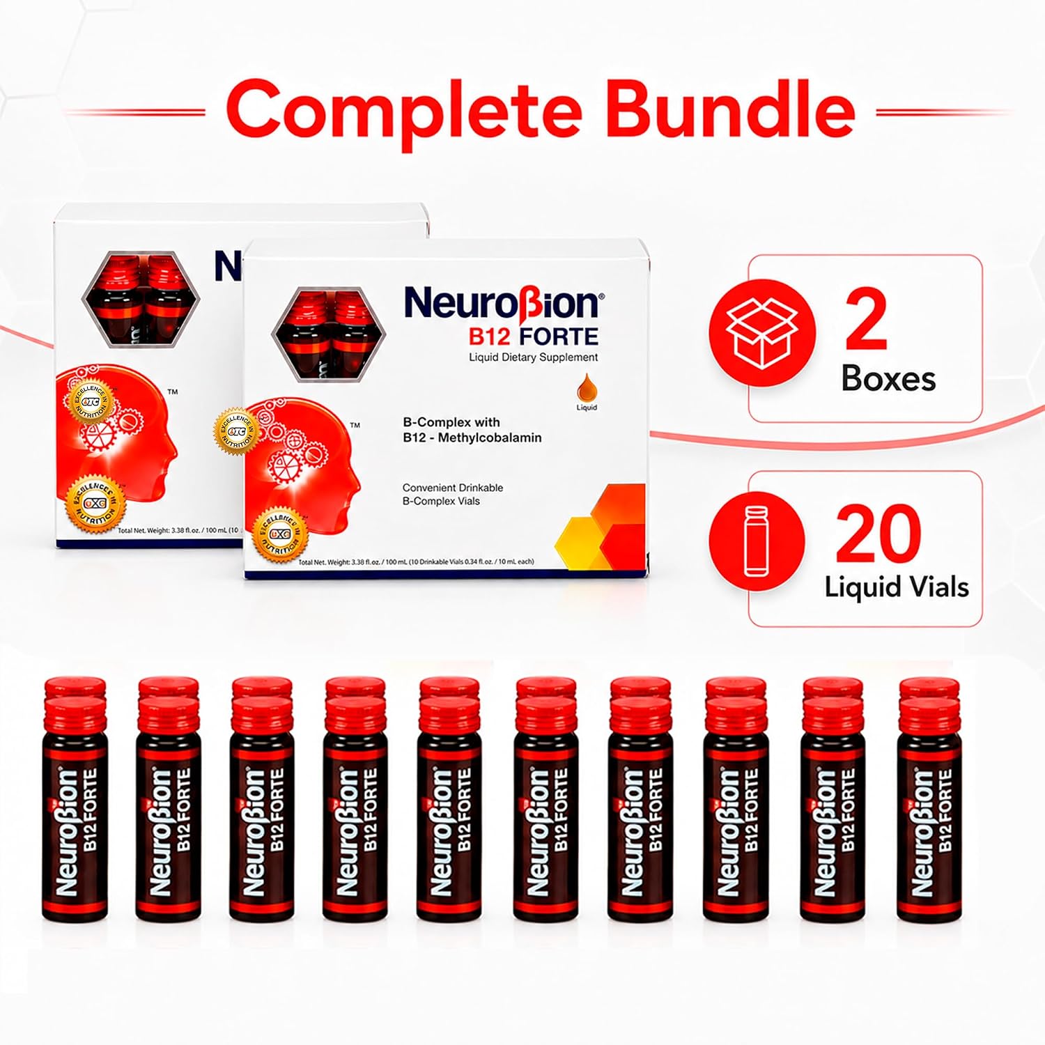 Neurobion Forte Vitaminas B12, B6, B1, B2 y Niacina - 20 Viales Orales de 10 ml - Complejo B Líquido para Energía y Sistema Nervioso