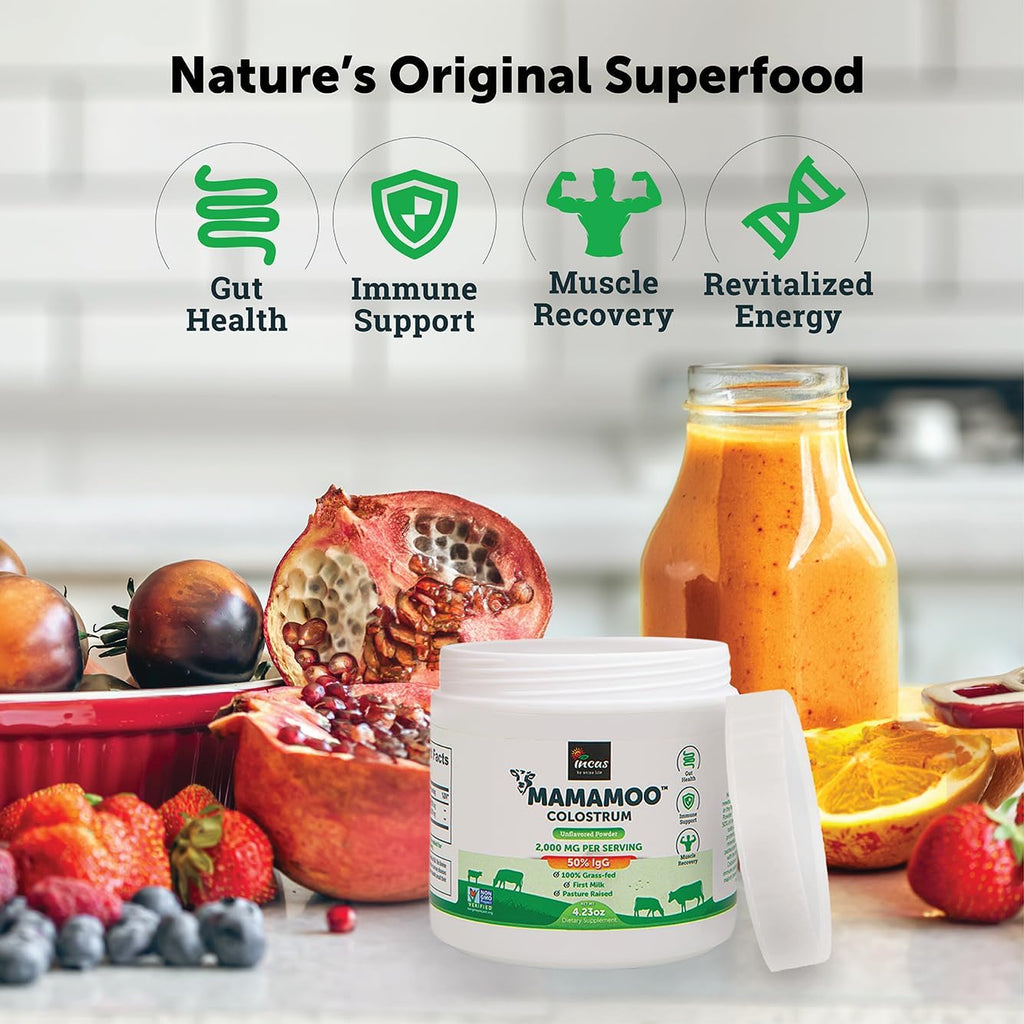 MamaMoo™ Colostro Bovino en Polvo >50% IgG, de Pasto, Verificado Non-GMO, 400+ Nutrientes, 60 Dosis (Sin Sabor)