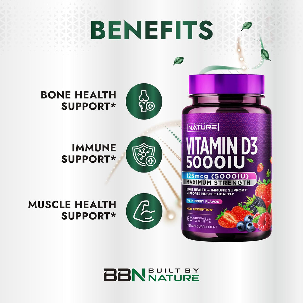 Built by Nature Vitamina D3 Masticable 5000 UI, 60 Comprimidos - Sin Azúcar, Sabor Natural a Bayas