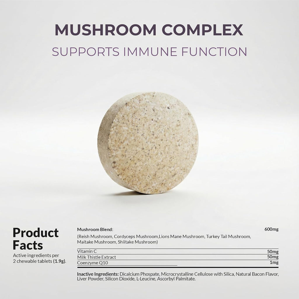 Coco and Luna Complejo de Hongos para Perros - 120 Comprimidos - Turkey Tail, Reishi, Cordyceps, Lion's Mane, Maitake con Vitamina C, Cardo Mariano y CoQ10