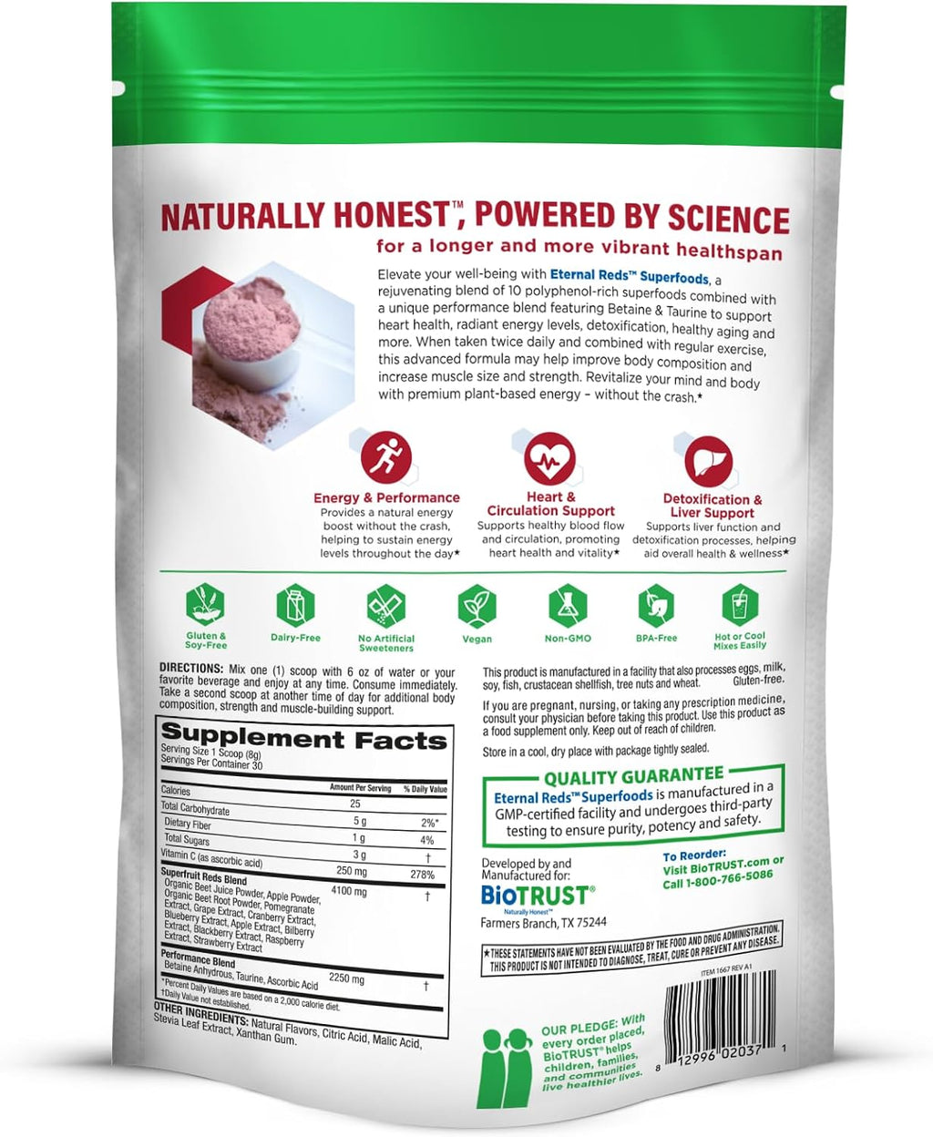 BioTrust Eternal Reds - Polvo de Superalimentos Rojos, 30 Dosis