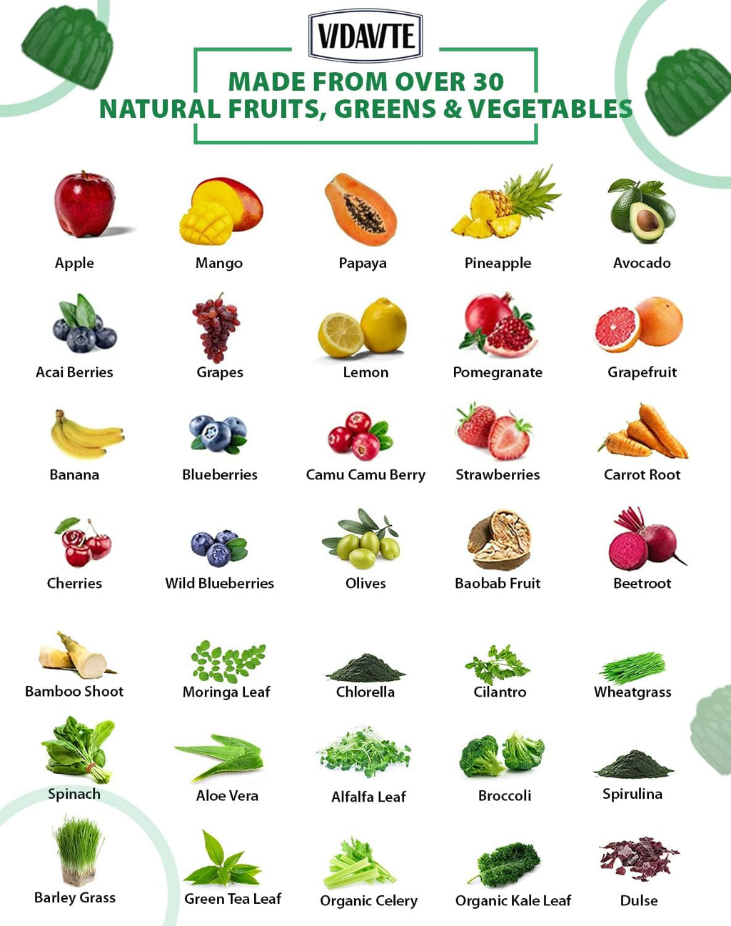 VIDAVITE Gominolas de Superalimentos sin Azúcar - 35+ Frutas y Verduras para Adultos y Adolescentes