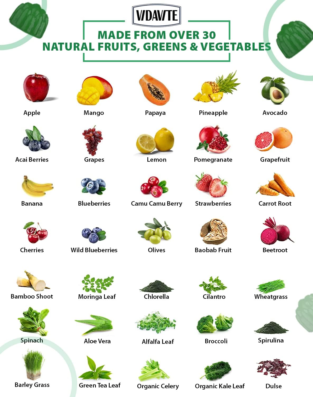 VIDAVITE Gominolas de Superalimentos sin Azúcar - 35+ Frutas y Verduras para Adultos y Adolescentes