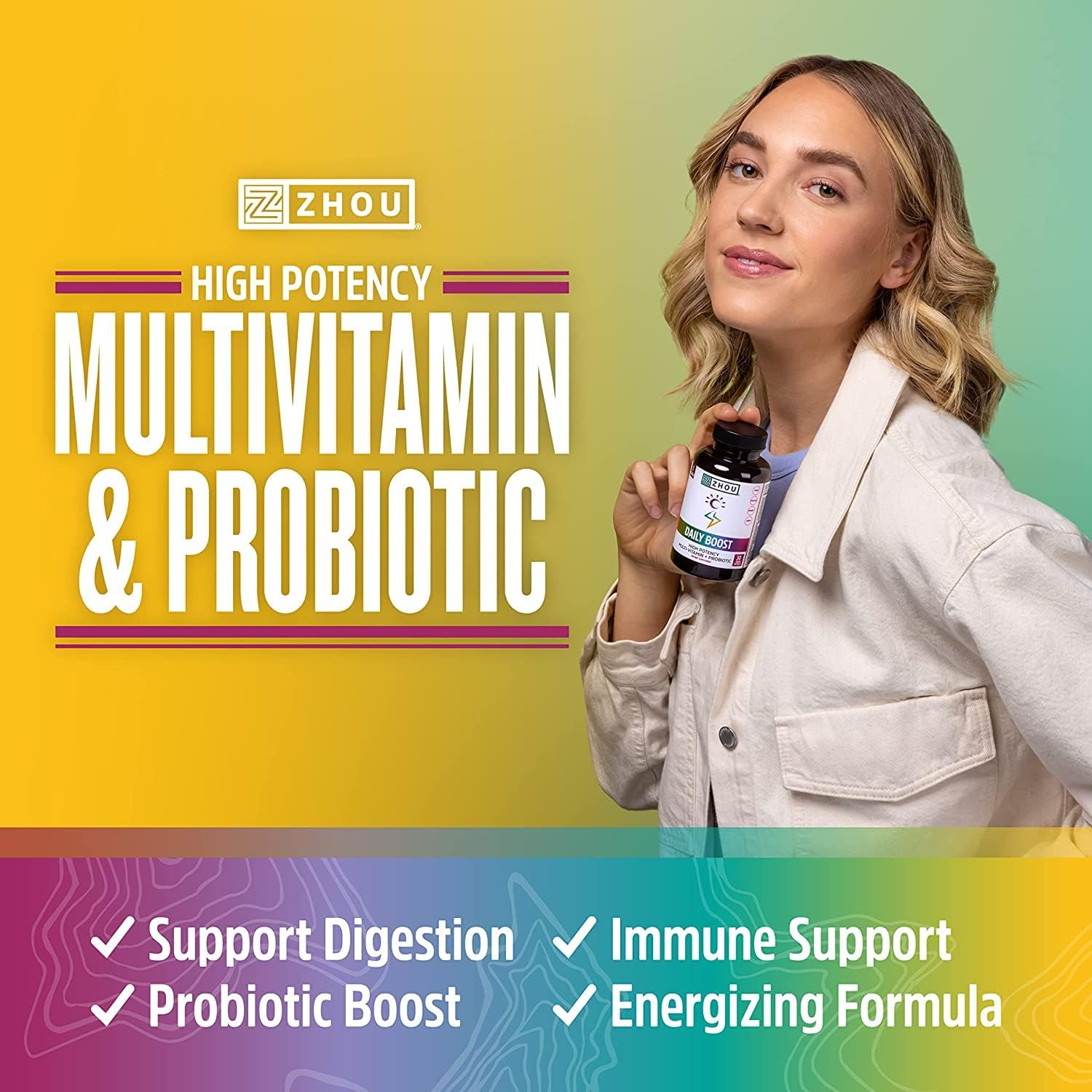 Zhou Nutrition Daily Boost Multivitamínico con Probiótico, Zinc, Vitamina C, D3 y Complejo B | 60 Cápsulas Veganas