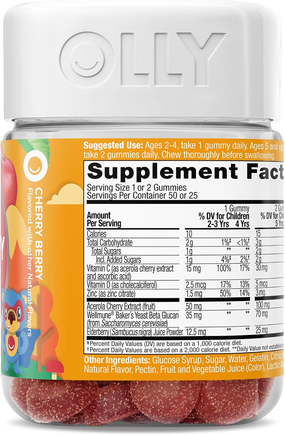 OLLY Kids Immunity Gummy - Immune Support with Wellmune, Elderberry, Vitamin C & Zinc - 50 Cherry Flavor Gummies