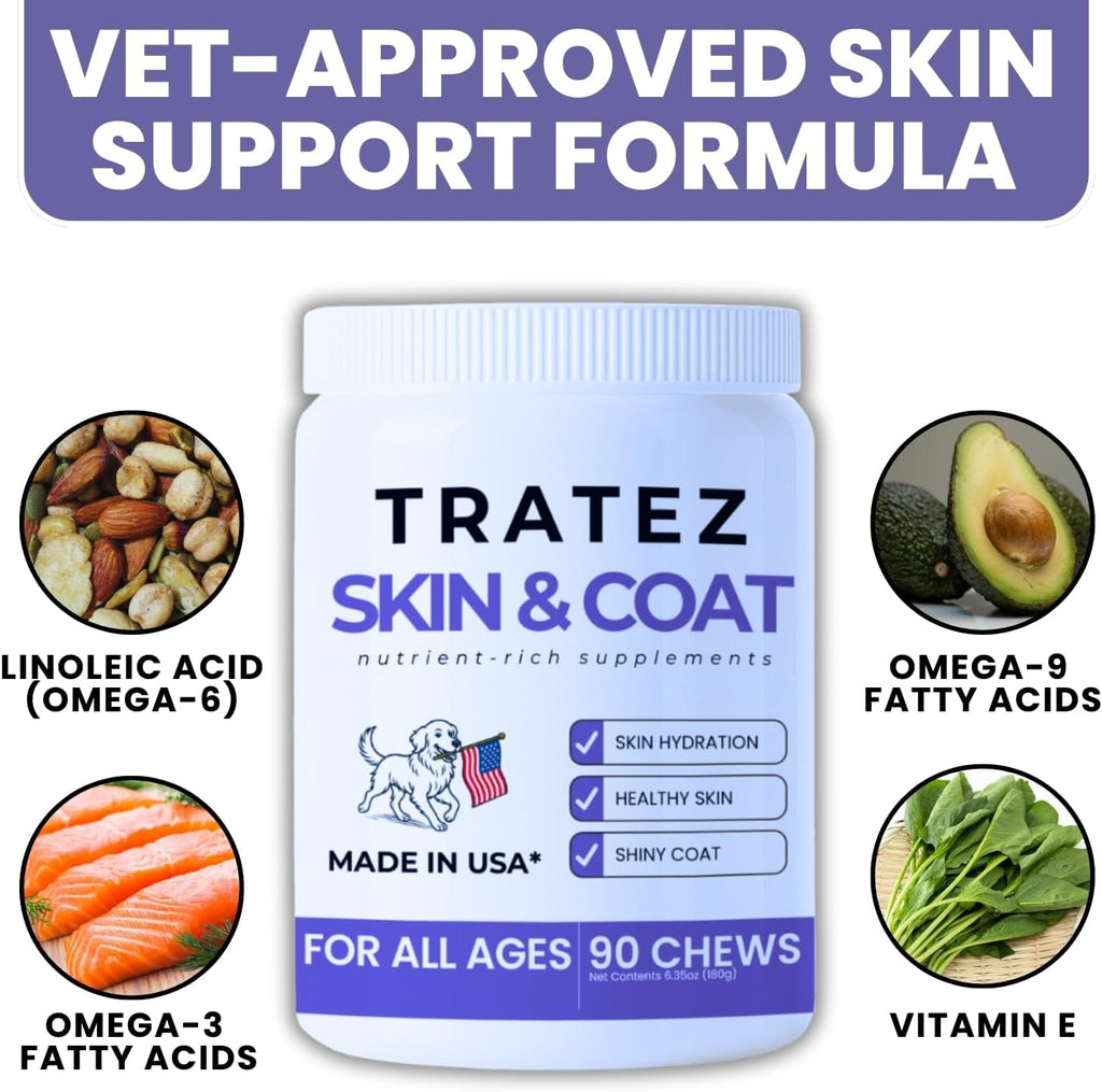TRATEZ Suplemento para la Piel y Pelaje de Perros - Omega 3 6 9 Aceite de Pescado y Vitamina E Masticables Blandos - Alivio del Picor, Anti-Caída y Apoyo para Pelaje Brillante - 90 Unidades