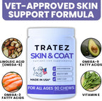 TRATEZ Suplemento para la Piel y Pelaje de Perros - Omega 3 6 9 Aceite de Pescado y Vitamina E Masticables Blandos - Alivio del Picor, Anti-Caída y Apoyo para Pelaje Brillante - 90 Unidades