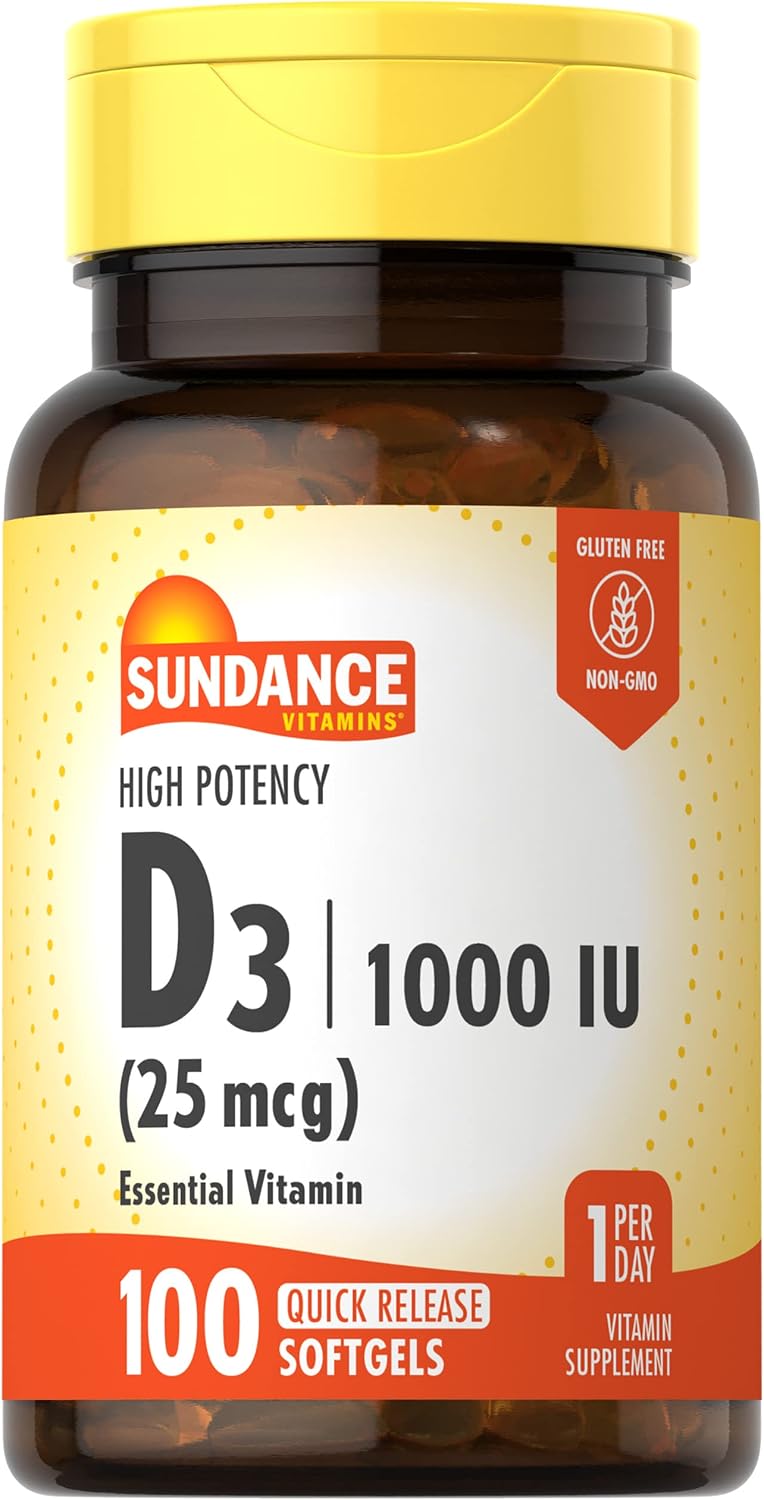 Sundance Vitamina D3 1000 UI 25 mcg – 100 Cápsulas Blandas | Alta Potencia, No OGM, Sin Gluten