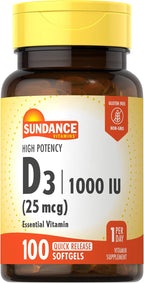 Sundance Vitamina D3 1000 UI 25 mcg | 100 Softgels | Fórmula de Alta Potencia | Suplemento No-GMO y Sin Gluten