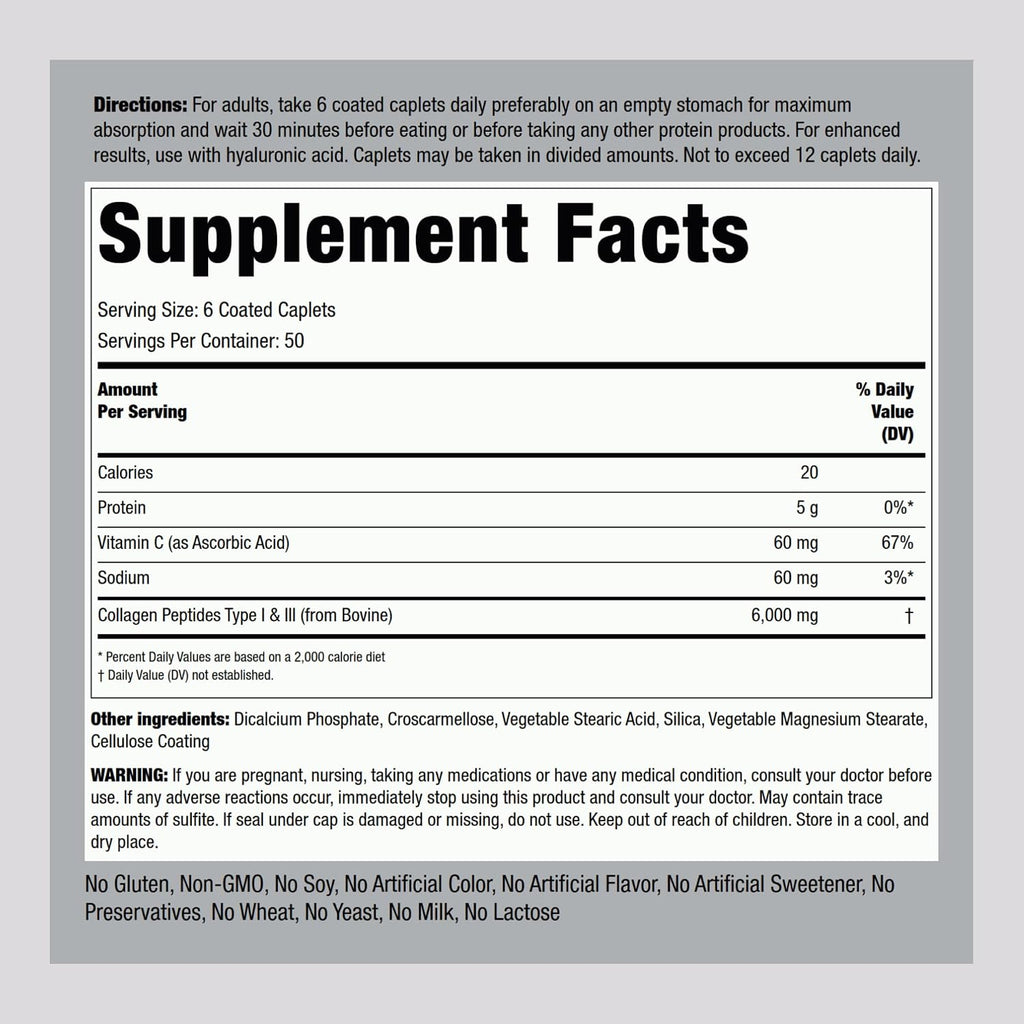 Piping Rock Collagen Peptides Plus Vitamin C 6000mg, 300 Tablets - Hydrolyzed Type I & III, Non-GMO, Gluten-Free
