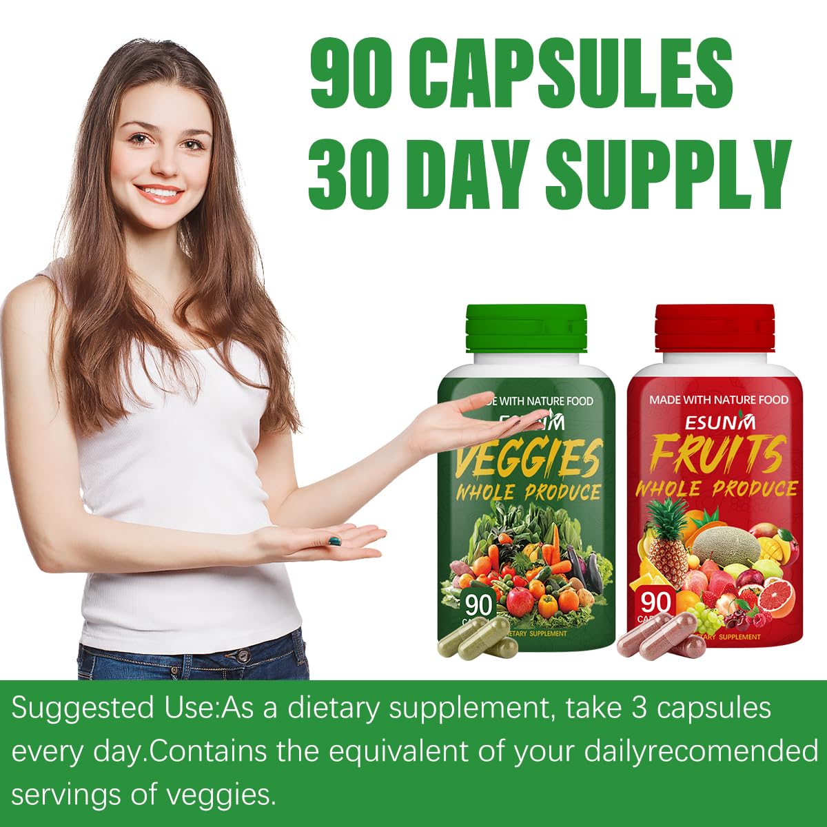 ESUNM Suplemento de Frutas y Verduras - 180 Cápsulas (90 Fruta + 90 Verdura)