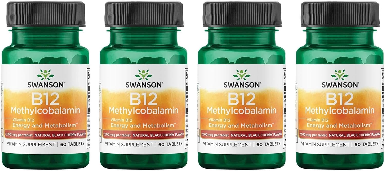 Swanson Ultra Vitamina B12 Metilcobalamina 2500 mcg - 60 Comprimidos Sabor a Cereza Negra Natural (Pack de 4)