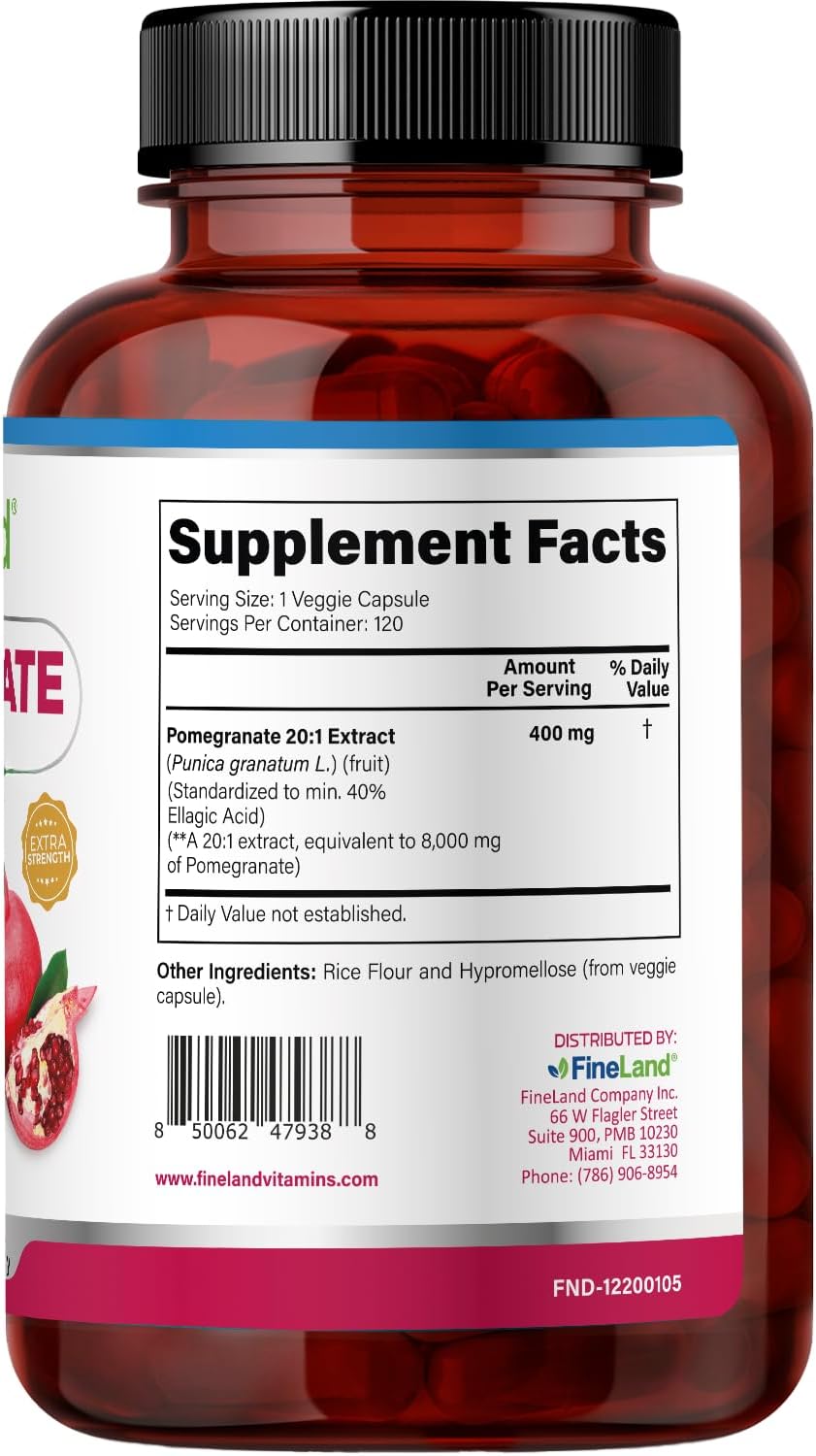 FineLand Extracto de Granada 20:1, 40% Ácido Elágico Estandarizado, Suplemento Antioxidante, 120 Cápsulas Veganas
