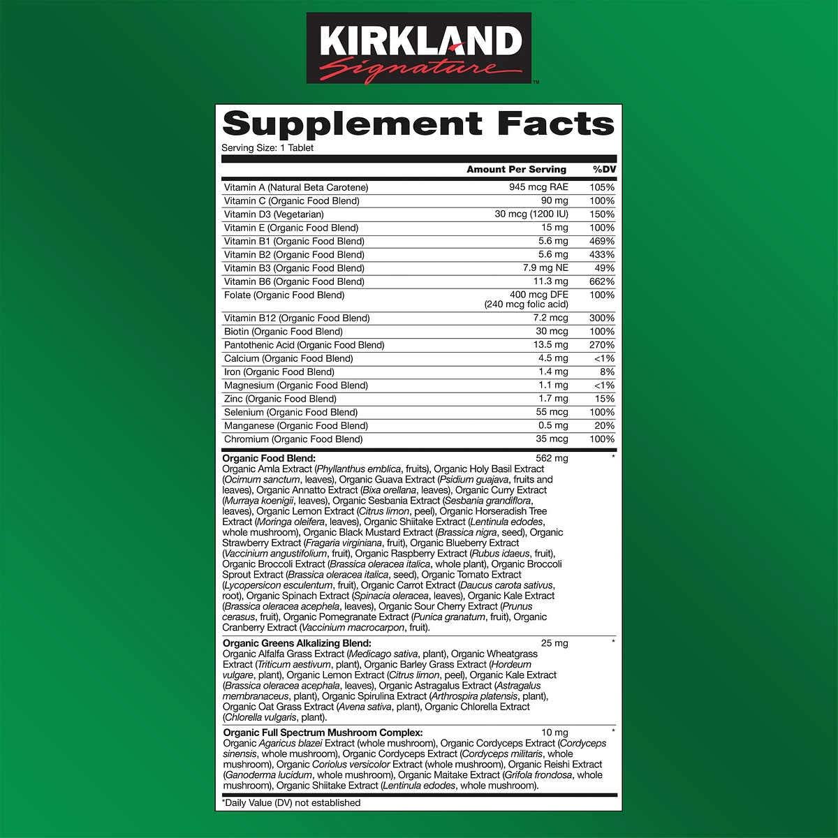 Kirkland Signature Multivitamínico Orgánico USDA, 80 Comprimidos Recubiertos