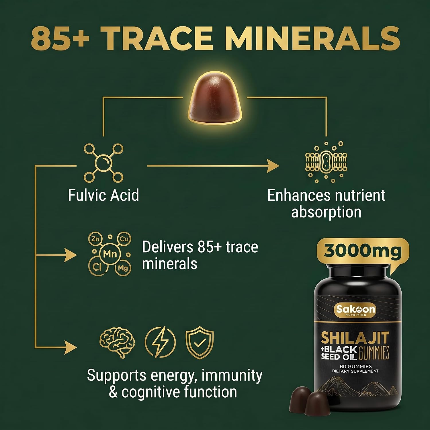 Pure Shilajit Gummies con Aceite de Semilla Negra – Alta Potencia – 60 Gomitas
