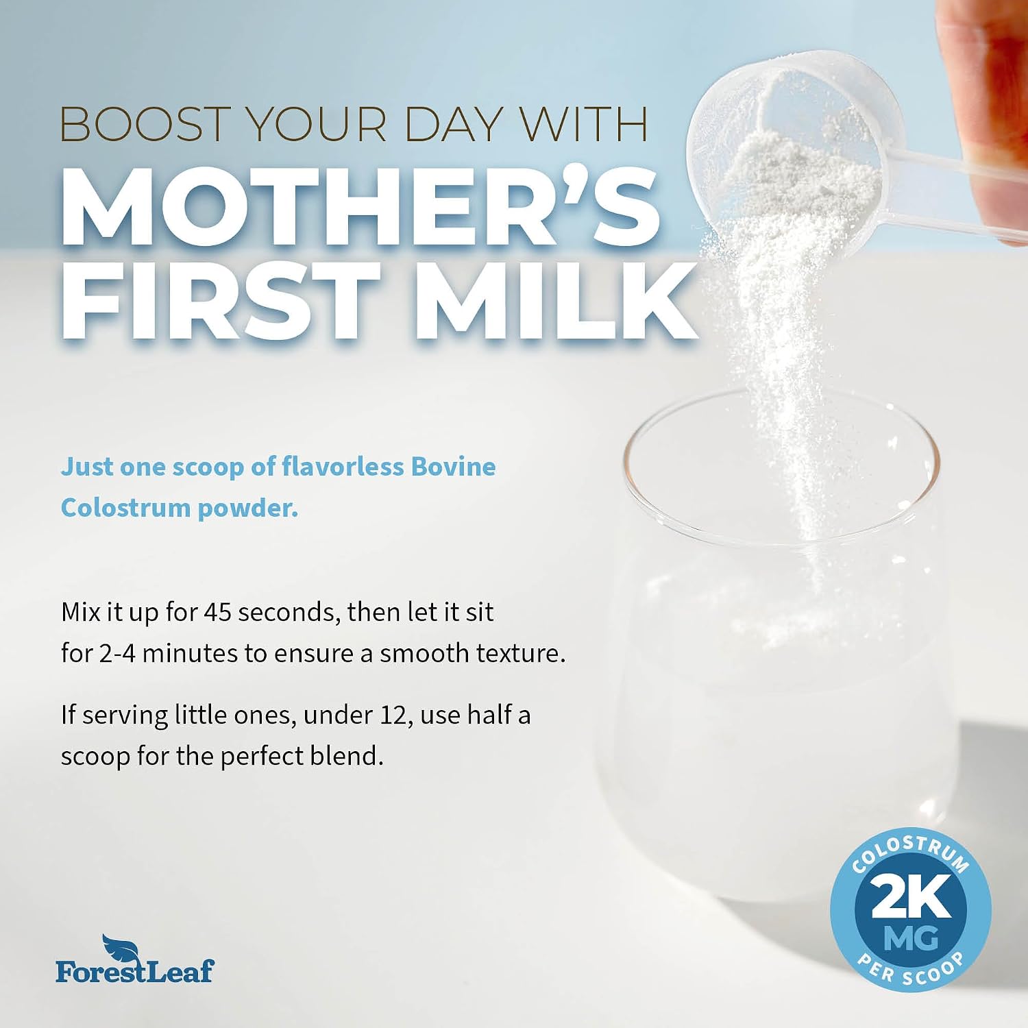 ForestLeaf Colostrum en Polvo 50% IgG, Concentración Pura, de Pasto, Sin Sabor, 45 Porciones