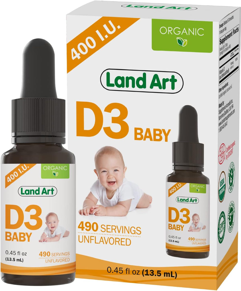Land Art – Gotas de Vitamina D3 Orgánica para Bebés – 400 UI por gota – 490 Dosis – Sin OGM y Sin Gluten – 13 ml