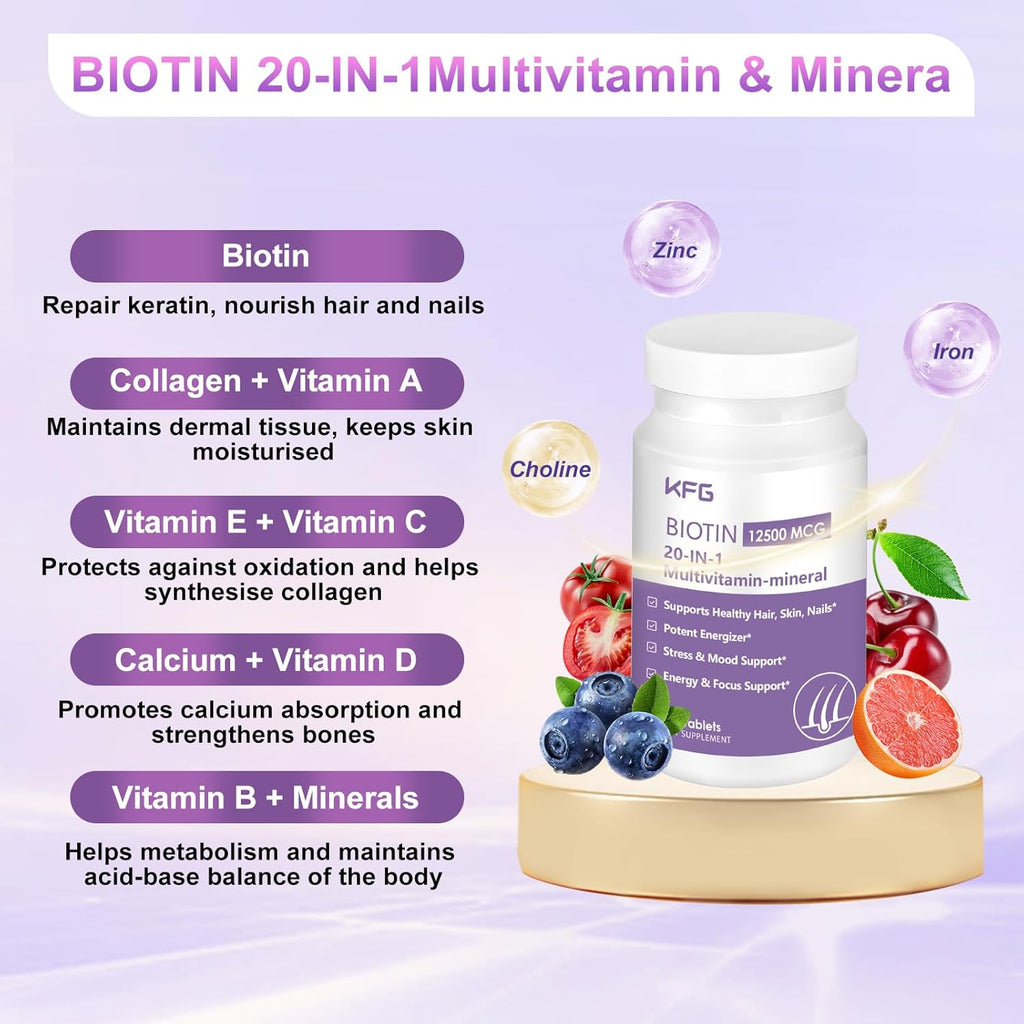 KFG Biotin 10000mcg, Multivitamínico para Mujer con Queratina, Colágeno, Calcio, Niacinamida y Vitaminas A, B, D, C, E - 100 Comprimidos