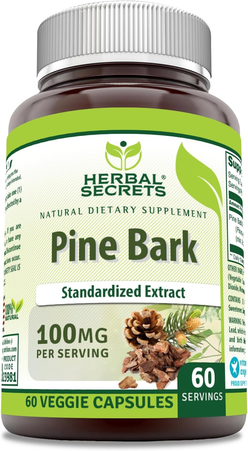 Herbal Secrets Extracto de Corteza de Pino | 100 mg por ración | 120 Cápsulas Vegetales | No-GMO | Sin Gluten | Fabricado en EE. UU.