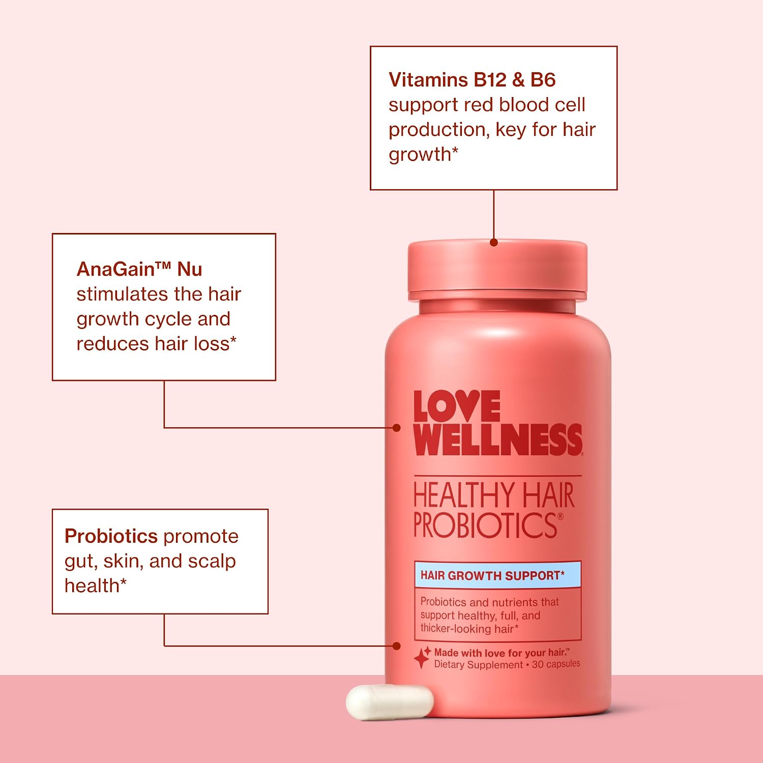 Love Wellness Healthy Hair Probiotics - Probióticos para el cabello con biotina, vitamina B12 y B6 - 30 cápsulas