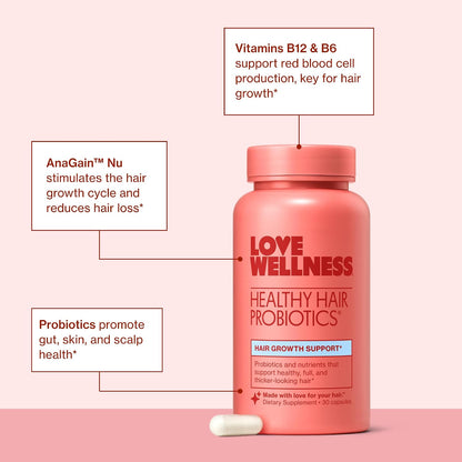 Love Wellness Healthy Hair Probiotics - Probióticos para el cabello con biotina, vitamina B12 y B6 - 30 cápsulas – Image 4