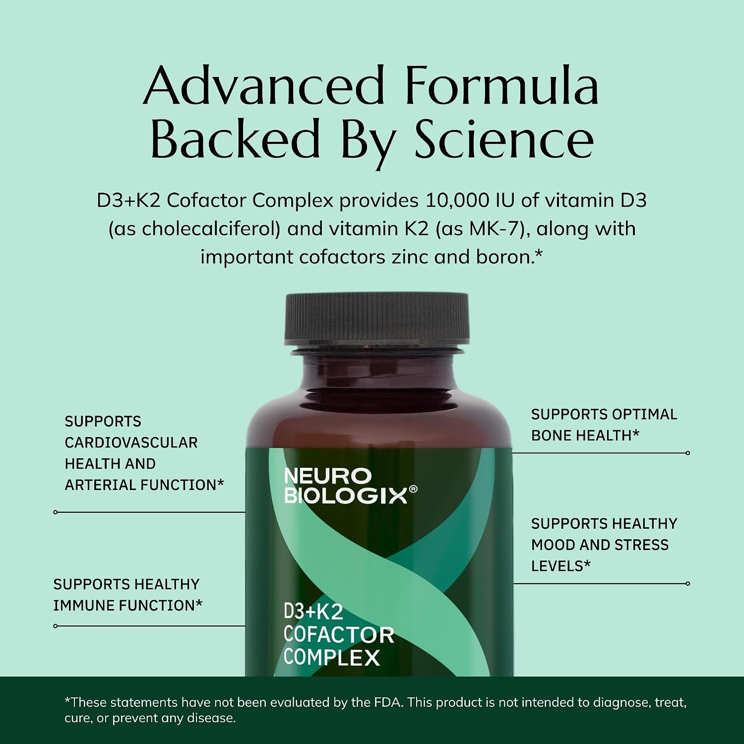 Neurobiologix Complejo de Vitamina D3 + K2 Cofactor, 10.000 UI D3 con K2 MK-7, Zinc y Boro, 60 Cápsulas