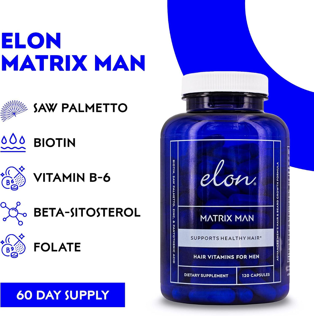 Elon Matrix Man - Vitaminas para el Crecimiento del Cabello en Hombres con Saw Palmetto y Biotina - 120 Cápsulas (60 Días)