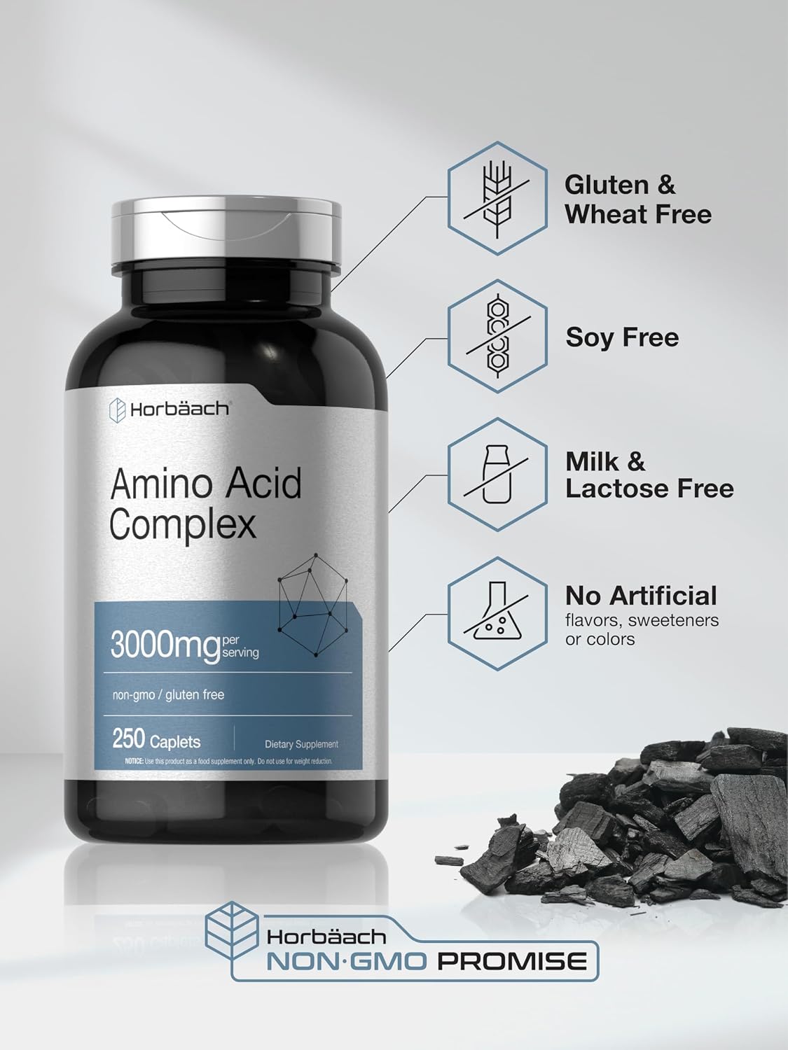 Horbäach Complejo de Aminoácidos 3000mg | 250 Caplets | Sin Gluten, No-GMO