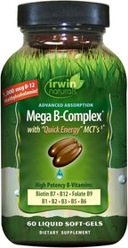Irwin Naturals Advanced Absorption Mega-B Complex - 60 Cápsulas Blandas Líquidas - Vitaminas B de Alta Potencia con MCTs de Energía Rápida