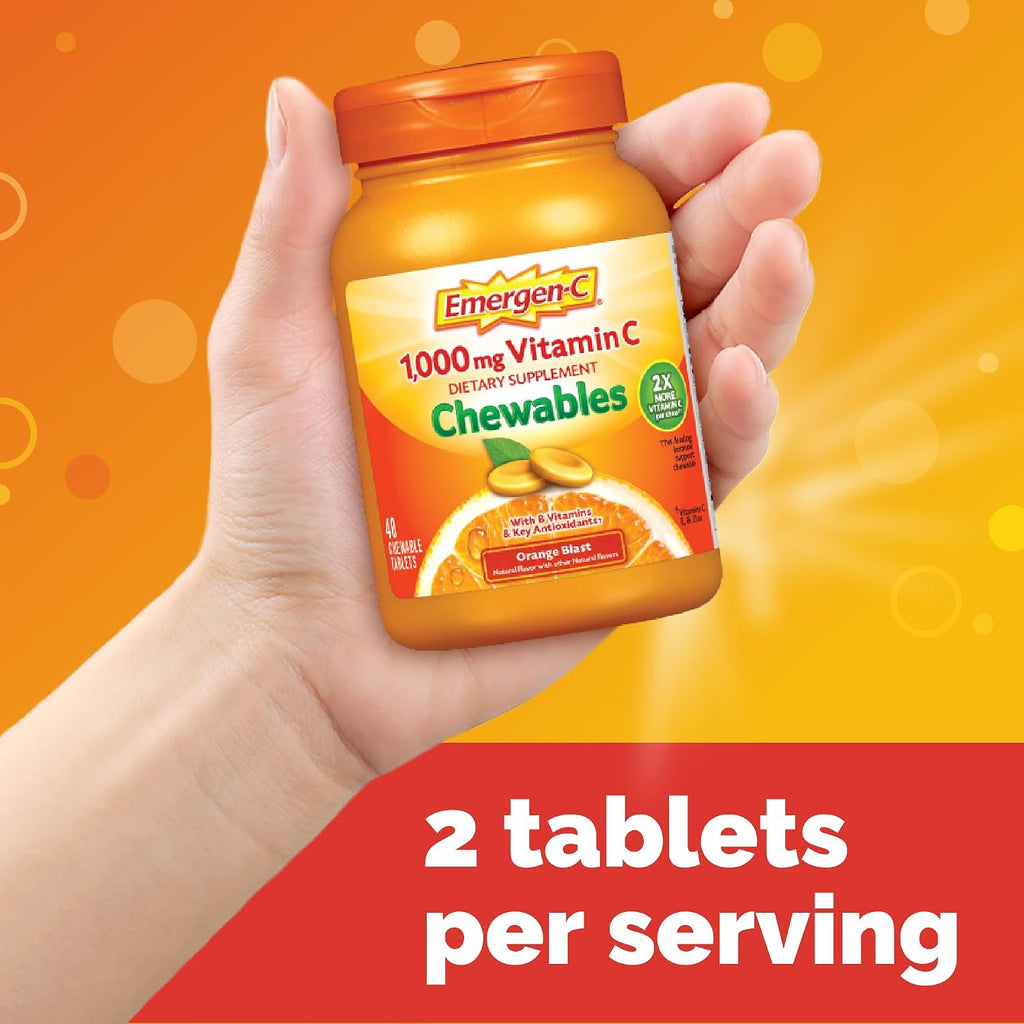 Emergen-C Chewables Vitamin C 1000 mg with B Vitamins and Antioxidants, Explosive Orange Flavor, 40 Count