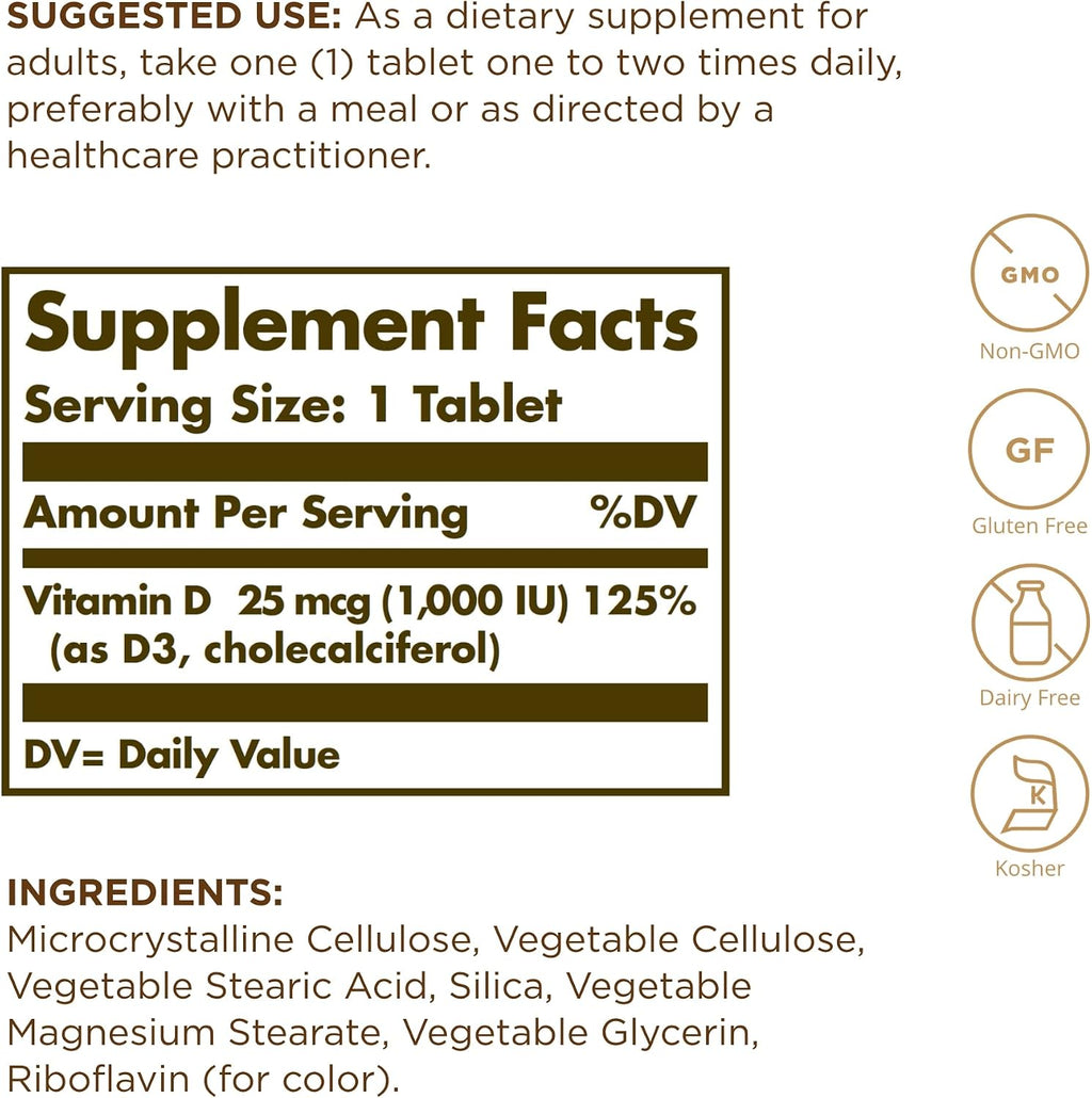 Solgar Vitamina D3 (Colecalciferol) 1000 UI, 90 Comprimidos