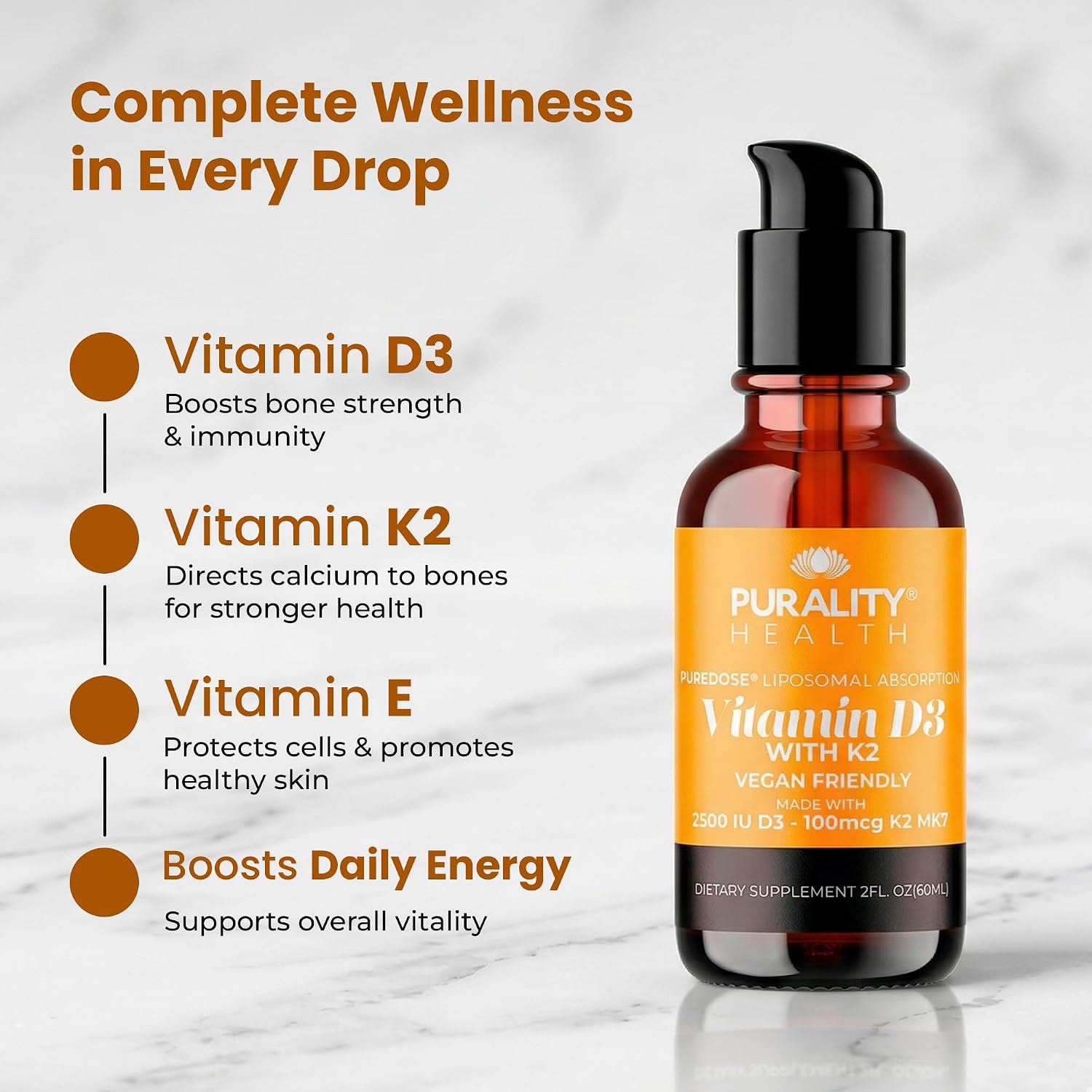 PURALITY HEALTH Vitamina D3 con K2 Líquido Vegano, Absorción Liposomal, 30 Días