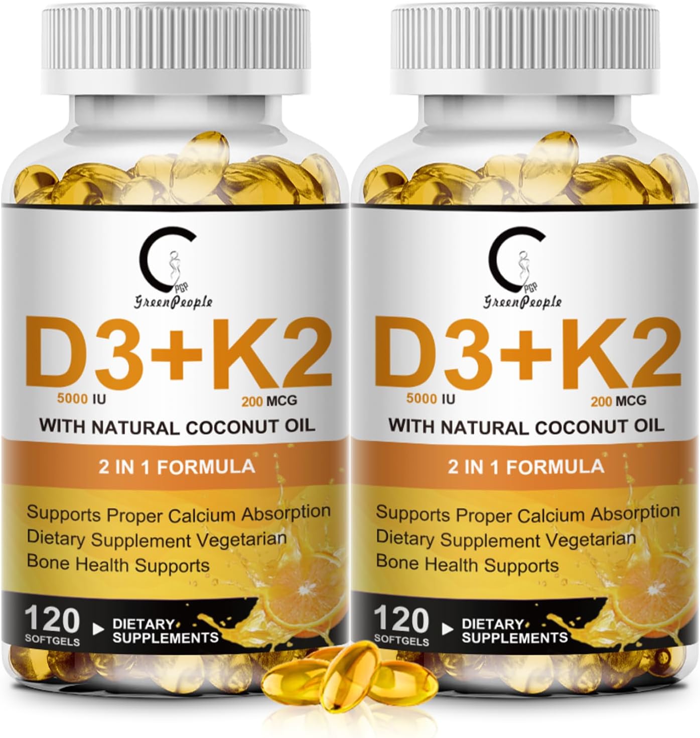 Vitamina D3 + K2 MK-7 5000 UI / 200 mcg - 120 Cápsulas Blandas - GPGP GreenPeople