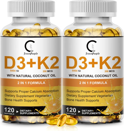 GPGP GreenPeople Vitamina D3 K2 5000 UI + – Salud ósea: La vitamina D contribuye a la absorción y utilización – Image 1