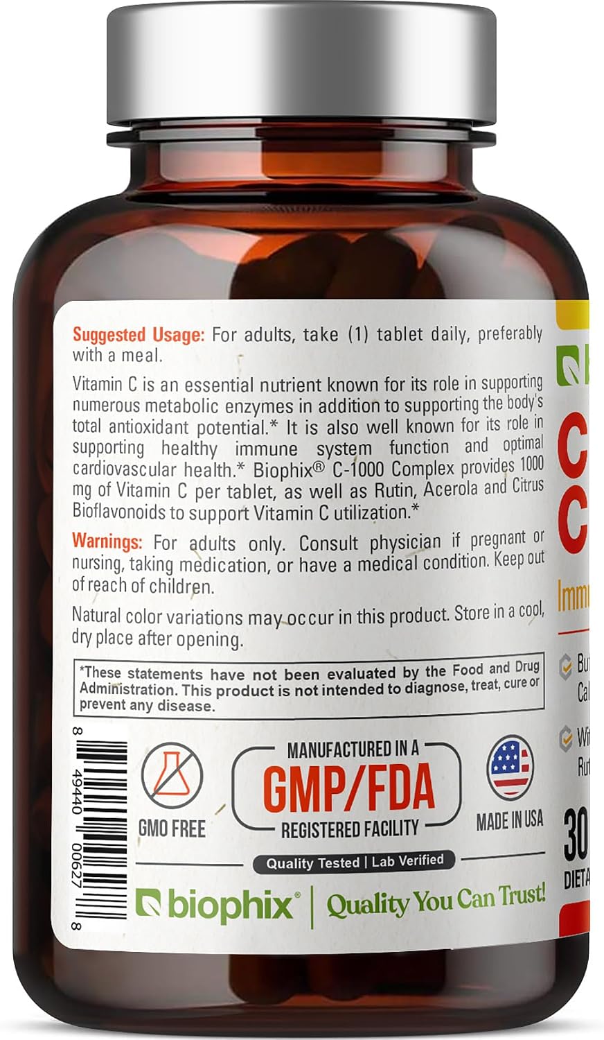 biophix Vitamin C 1000 mg - 30 Tablets - Vegan Complex with Calcium Ascorbate, Bioflavonoids, Acerola and Rutin