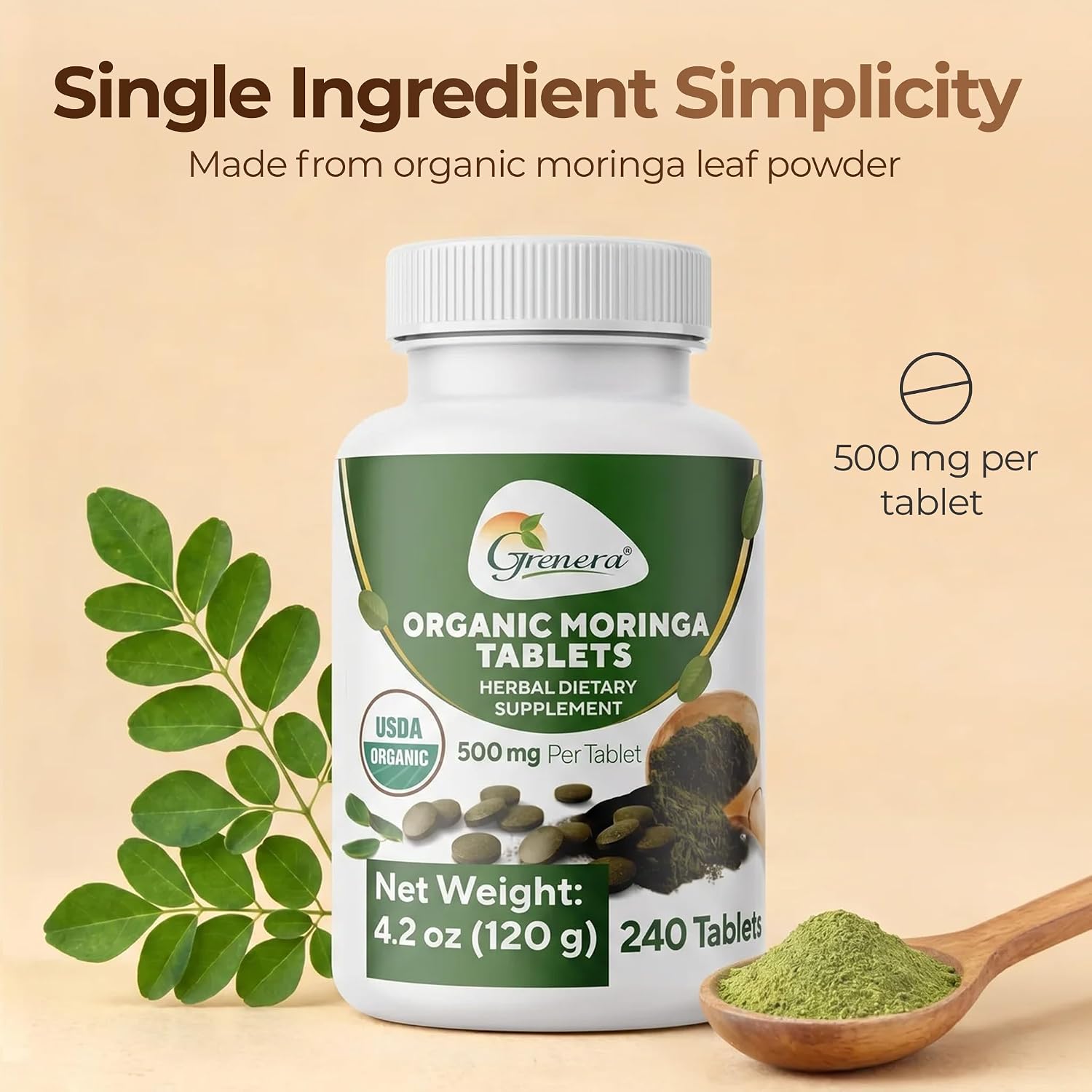 Grenera Organic Moringa Tablets - 500 mg - 240 Tablets