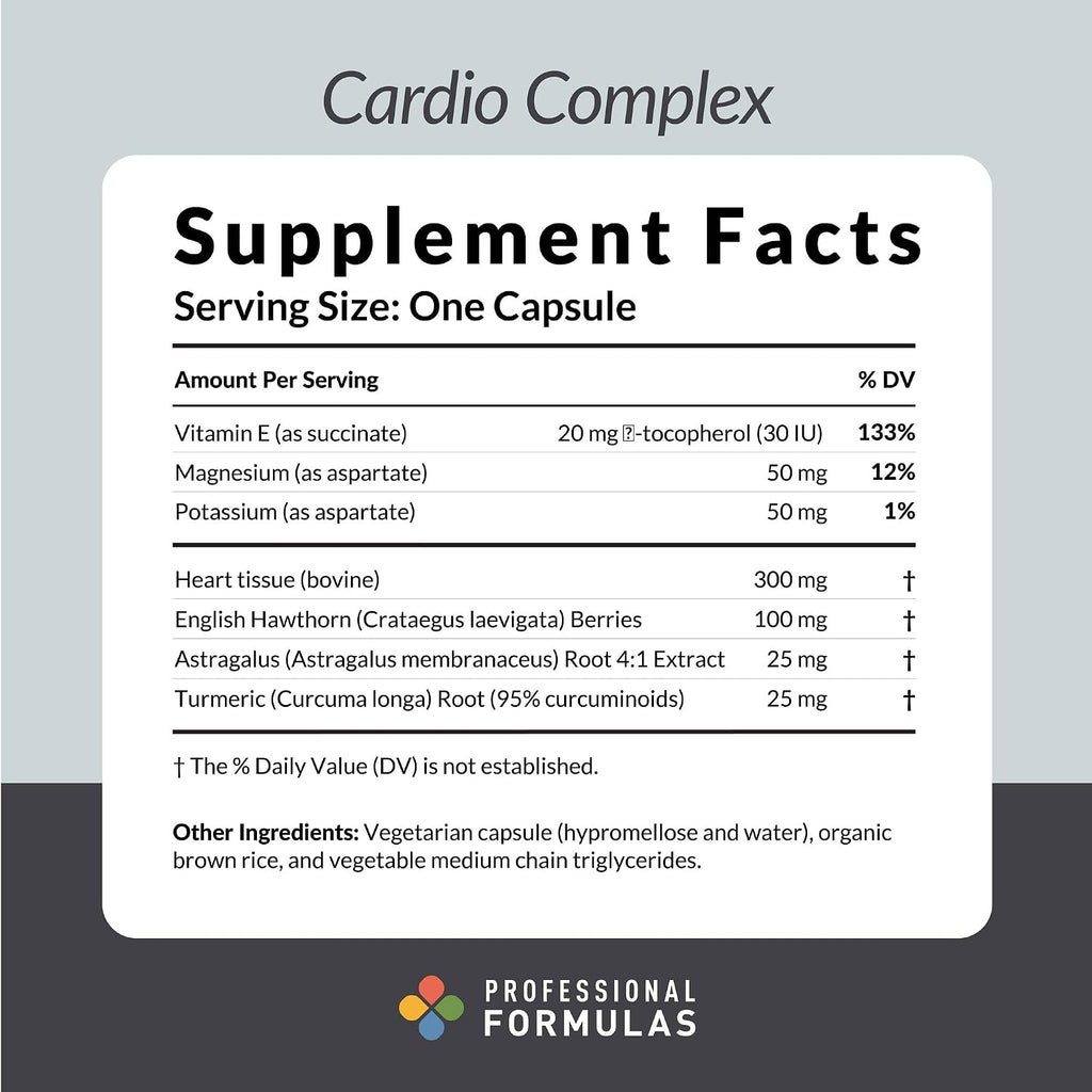 Professional Formulas Cardio Complex – Glándula cardíaca con vitamina E, magnesio, potasio, espino inglés, astrágalo y cúrcuma para apoyar la salud cardiovascular - Sin gluten, 60 cápsulas