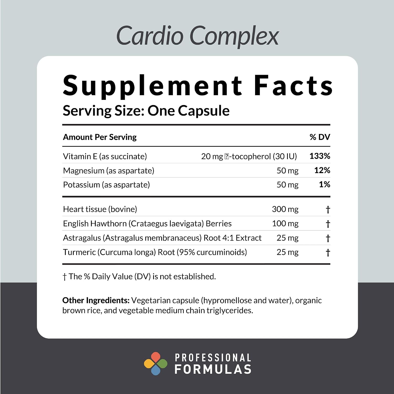 Professional Formulas Cardio Complex – Glándula cardíaca con vitamina E, magnesio, potasio, espino inglés, astrágalo y cúrcuma para apoyar la salud cardiovascular - Sin gluten, 60 cápsulas