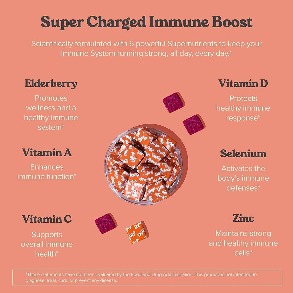 Chewsy - 6 en 1 Apoyo Inmunológico con Saúco, Vitaminas C, A y D, Zinc y Selenio - Caramelos de Fruta Individualmente Envueltos - 6 Días